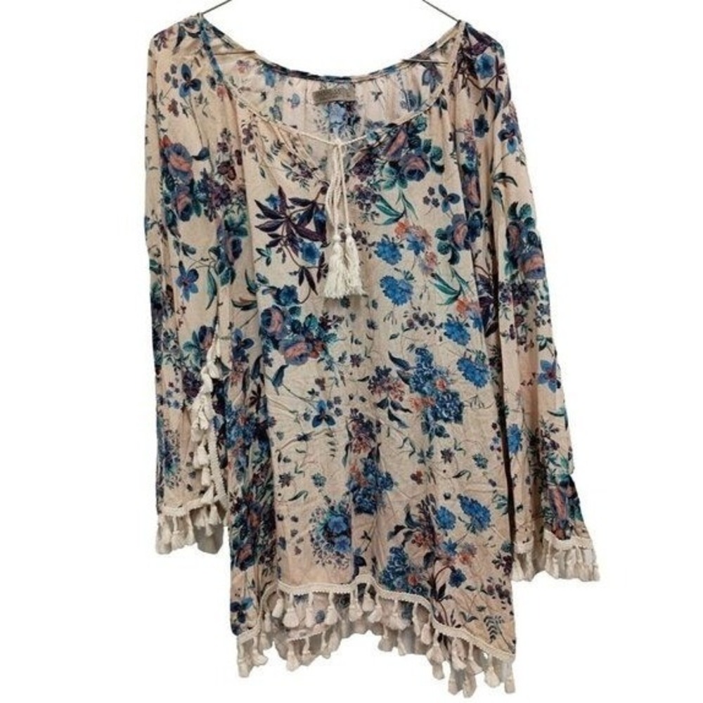 Anandas Collection Womens‎ BOHO Cottagecore Top Large Floral Tassel Flare Sleeve
